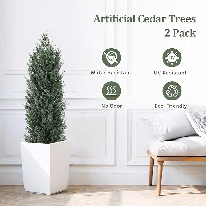 THE BLOOM TIMES 4ft Topiary Trees Artificial Outdoor 2 Pack – UV Resistant Faux Cedar Pine Cypress Bushes and Shrubs, Fake Potted Plants for Front Porch Outside Planter Patio Decor, Set of 2 (4 Foot)-VerdiqueGarden