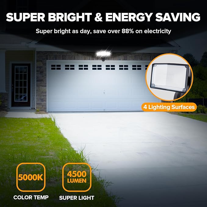 UME 49W LED Security Lights Motion Sensor Light Outdoor, 5000K Daylight, IP65 Waterproof, Dusk to Dawn, 3 Head Motion Detected Flood Light for Garage, Yard, Porch (Black)-VerdiqueGarden