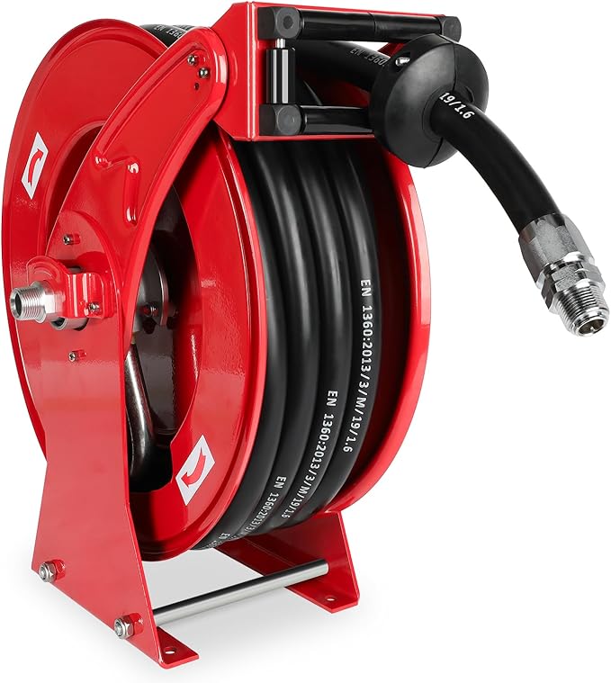Fuel Hose Reel, 3/4" x 50FT Retractable Diesel Hose Reel, 300 PSI Industrial Heavy Duty Auto Swivel Rewind Hose Holder Reels, for Vehicle Tank Truck Trailer Ship-VerdiqueGarden