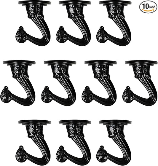Ceiling Swag Hook Sets - Heavy Duty Hooks with Mounting Hardware for Hanging Plant, Ceiling or Extender Chains - Easy Install with Screws/Brackets (10 pcs - Black)-VerdiqueGarden