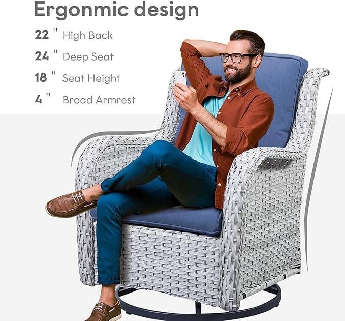 Outdoor Swivel Rcoker Patio Chairs - Outdoor Swivel Patio Chairs Set of 2 Wicker Chair Patio Furniture Sets with Covered Cushion for Porch Deck Balcony Garden, Blue Cushion-VerdiqueGarden