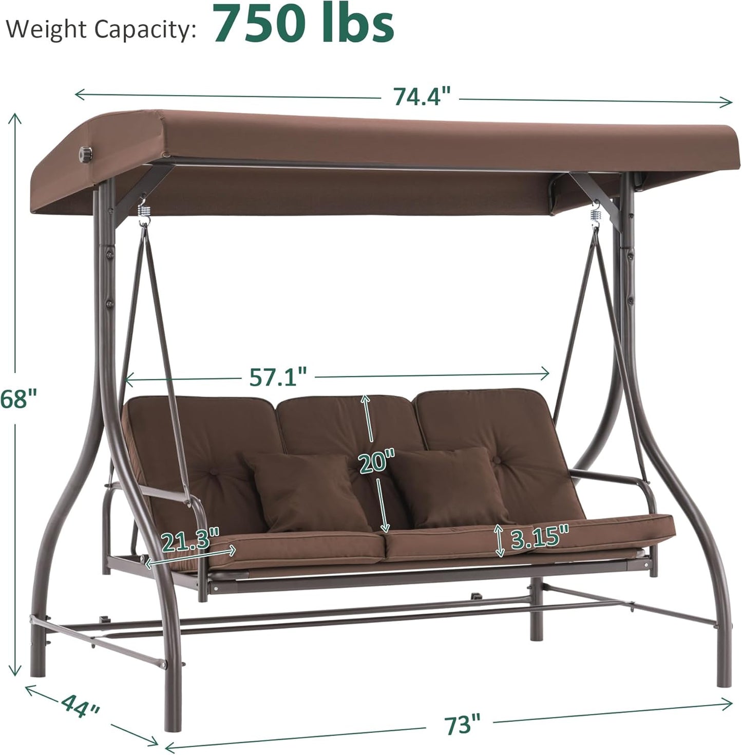 MCombo 3-Seat Outdoor Patio Swing Chair, 2-in-1 Convertible Porch Swing Glider Chair with Removable Cushions, Adjustable Canopy & Pillows for Backyard, Deck, Garden, 4068 (Brown)-VerdiqueGarden
