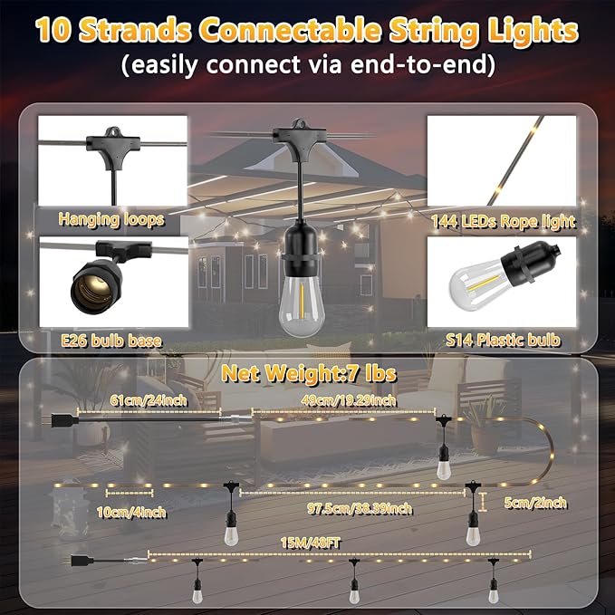 Outdoor String Fairy Lights, 48ft Dimmable Patio Lights with 15+1 S14 Retro Edison Bulbs & 144 Fairy Rope, IP65 Waterproof, LED Outside Hanging Light for Party Backyard Bistro, 7 Strands Connectable-VerdiqueGarden