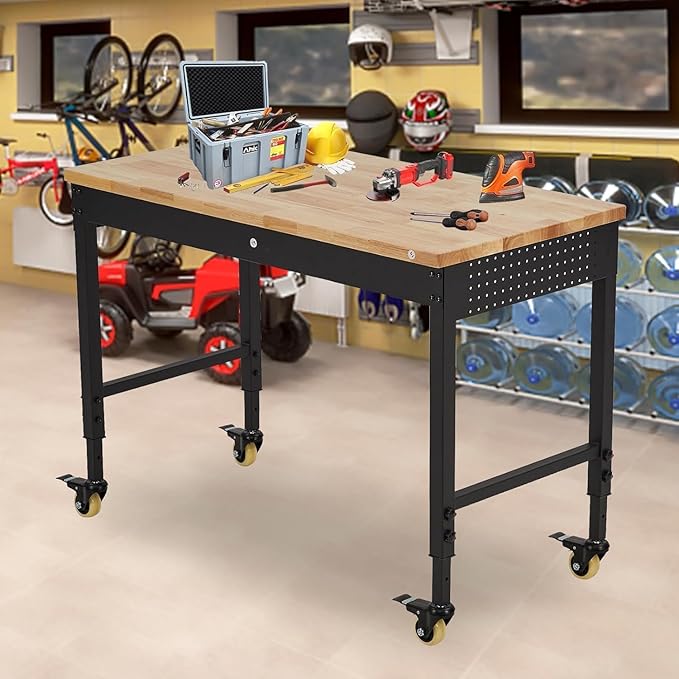 48'' Adjustable Workbench on Wheels, 2000LBS Heavy Duty Worktable with Power Outlets & Drawers & Pegboard, Rubberwood Workstation for Workshop, Garage, Office, Home-VerdiqueGarden