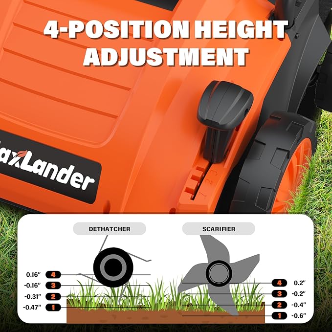 MAXLANDER Electric Dethatcher and Scarifier, 13” 12Amp 2-in-1 Lawn Dethatcher with 4-Position Depth Adjustment, 30L Removable Collection Bag, Airboost Technology Increases Lawn Health-VerdiqueGarden