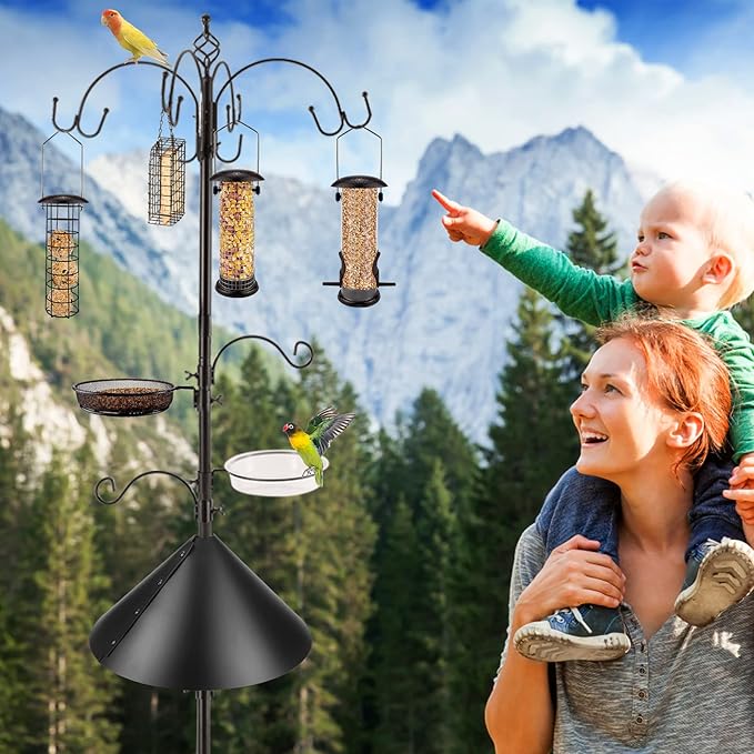 Bird Feeding Station Kit Bird Feeder Pole Wild Bird Feeder Kit with Squirrel Baffle and Suet Cage Mesh Tray Fruit Hook Double W Hook for Attracting Wild Birds-VerdiqueGarden