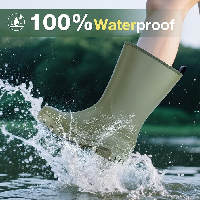 Mid Calf Rain Boots Women Waterproof PVC Womens Rubber Rain Boot Seamless Rain Footwear Outdoor Garden Work Walking-VerdiqueGarden