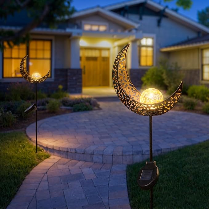 HOMEIMPRO 2Pack Moon Garden Solar Lights Outdoor Stakes Waterproof, Gifts for Mom, Crackle Glass Patio, Backyard Decorations, Balcony Lawn Ornaments, for Women Men Grandma (Bronze)-VerdiqueGarden