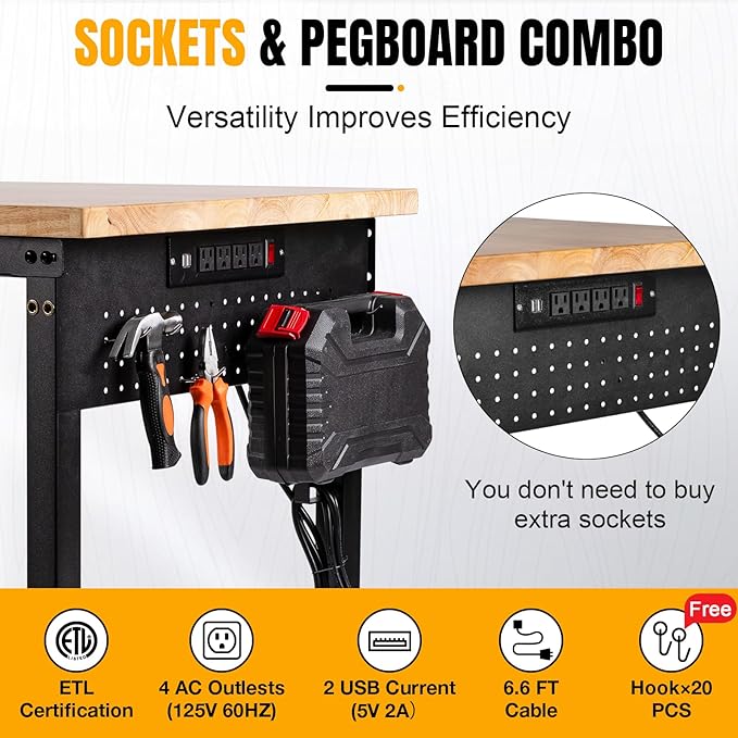 48" L×24”W Adjustable Workbench, 28”-40”Heights Heavy Duty Table 2000 LBS Load Capacity, Work Bench with Power Outlet & Pegboard, Rubber Wood Work Table for Garage, Office, Workshop, Home-VerdiqueGarden
