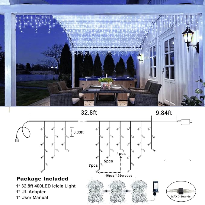 Icicle Lights for Outside, 33FT 400 LED Icicle Christmas Lights with 8 Modes 75 Drops, Waterproof Plug in Curtain String Lights for Outdoor Indoor House Yard Roof Wedding Decorations, White-VerdiqueGarden