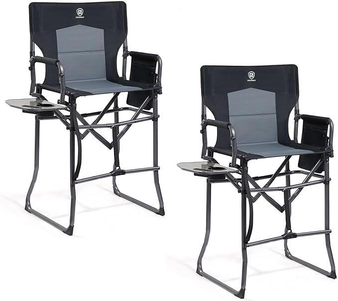 EVER ADVANCED 2 Piece Portable 30.7" Seat Height Tall Folding Camping Chair Directors Chair High with Side Table for Makeup Artist, Sports Event, Craft Show, Supports 350LBS Black Grey-VerdiqueGarden