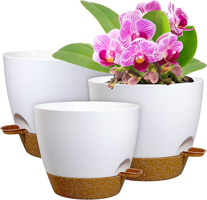 10/9/8 inch Medium Self Watering Pots, Planter, Plant Pots with Mesh Drainage Holes for Indoor Outdoor Garden Plants, Plastic Flower Pots with Removable Deep Reservoir, White with Brown-VerdiqueGarden