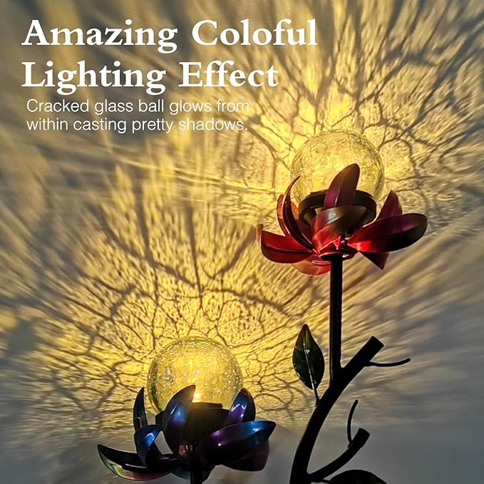VCUTEKA Solar Garden Light Solar Flowers Light with LED Crackle Glass Globe Solar Lights Outdoor Metal Garden Stake Wind Spinner for Garden Decoration, Patio Decor, Yard Decor and Gift for Mother-VerdiqueGarden