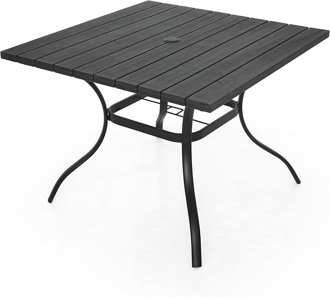 Outdoor Dining Table with 1.6" Umbrella Hole, Picnic Table Plastic Square Backyard Bistro Table Outdoor Dining Table for Garden, Poolside, Backyard, Black, 37x37inch-VerdiqueGarden