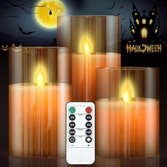 JOSU Flameless Candles 4" 5" 6" Set of 3 Outdoor Indoor Fake Pillars Gold Glass LED Battery Operated Candles Include 10-Key Remote Timer for Wedding Party Halloween Christmas Thanksgiving Fall Diwali-VerdiqueGarden