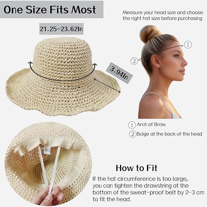 Womens Straw Beach Sun Hats, Foldable Packable Floppy Handmade Crochet Hats for Women,Large Summer Vacation Wide Brim Hat-VerdiqueGarden