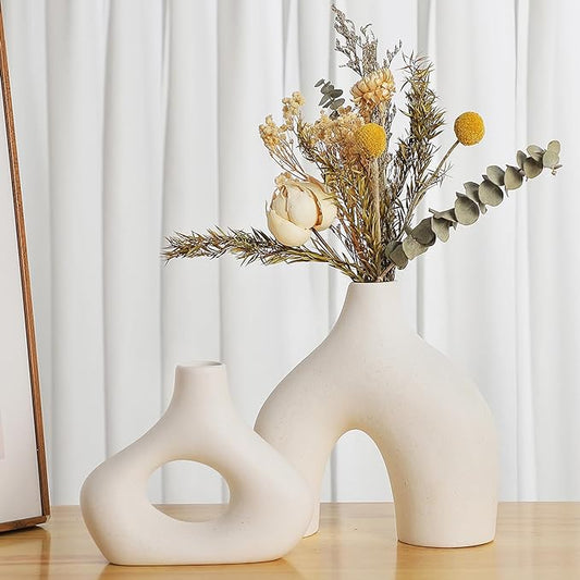 CEMABT White Ceramic Vase Set of 2 for Modern Minimalist Bohemian Decor，Round Matte Donut Vases for Pampas Grass-Perfect for Living Room, Dining Table, Office Bedroom Shelf Decor Entryway, Console-VerdiqueGarden