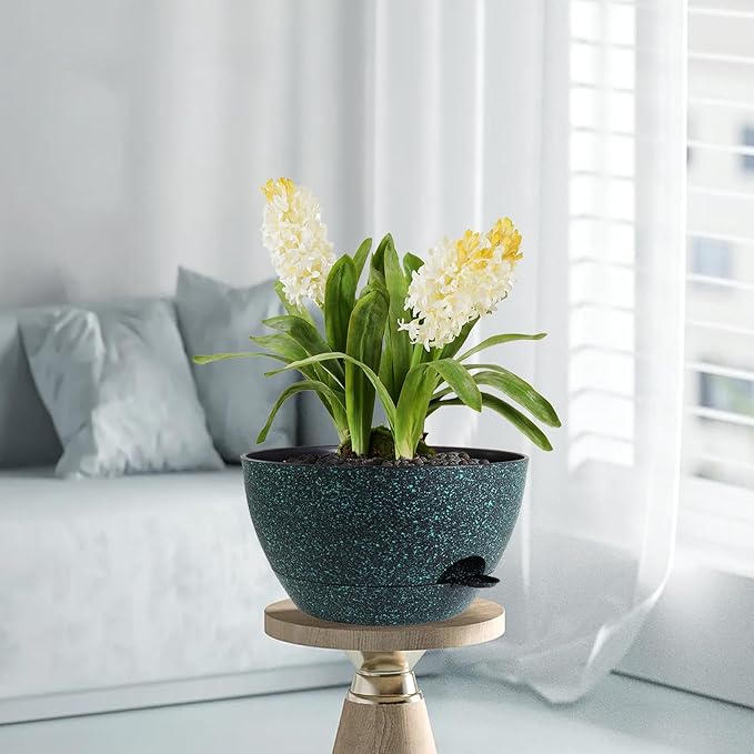 12 Inch Hanging Baskets 2 PC with Chains, Self-Watering Hanging Planters for Indoor Outdoor Plants, Plastic Hanging Flower Pots, Black with Green Speckles-VerdiqueGarden