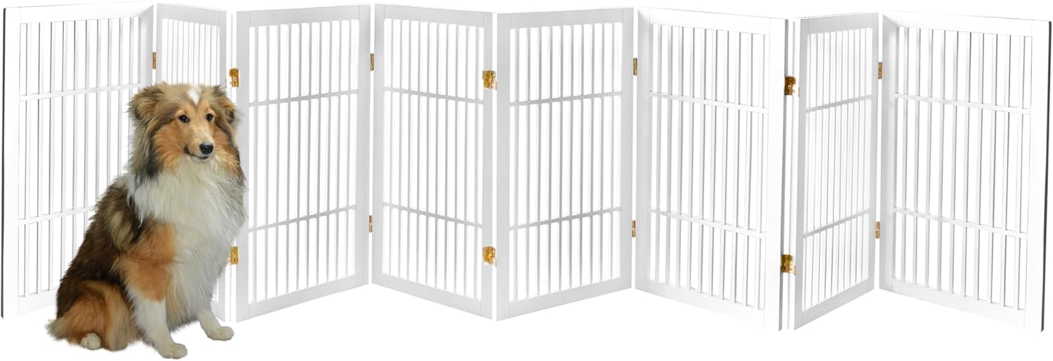 Pet Dog Gate Strong and Durable Freestanding Folding Acacia Hardwood Portable Wooden Fence Indoors or Outdoors by Urnporium (White Pet Gate, 8 Panel 30" Tall)-VerdiqueGarden