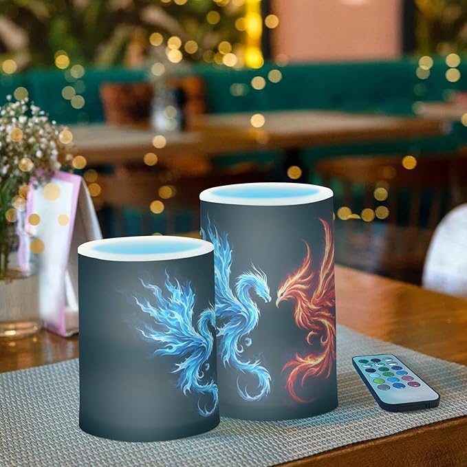 Flickering Flameless Candles, Dragon Phoenix LED Candles with Remote Timer, Set of 2 Battery Operated Candle for Valentine Wedding Birthday-VerdiqueGarden