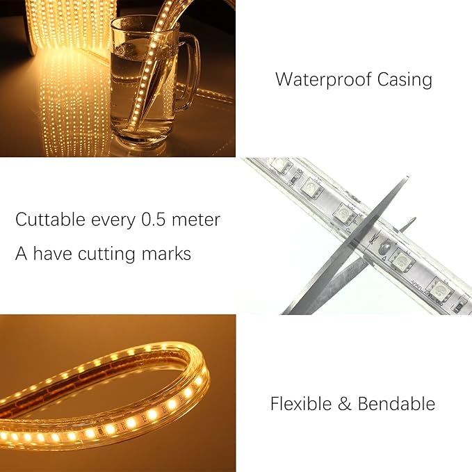 5050-60 Type AC 110-120V LED Strip Lights, Flexible/Waterproof/Dimmable/Multi-Modes LED Rope Light + 23 Keys Remote for Home/Garden/Building Decoration (98.4ft/30m, Warm White 3500K)-VerdiqueGarden