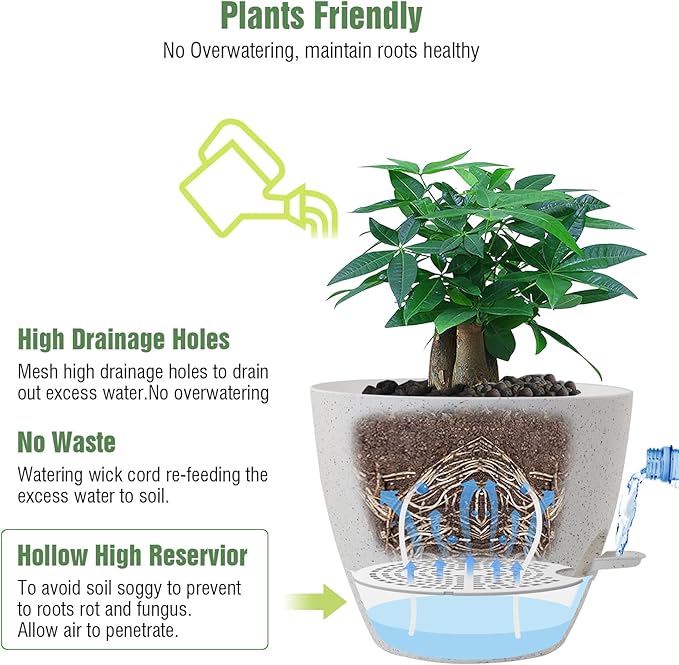 12 inch Large Self Watering Pots, Plastic Planters with 60oZ Removable Deep Reservoir and Multi Mesh Drainage Holes for Indoor Outdoor Garden Plants and Flowers, White Speckles-VerdiqueGarden