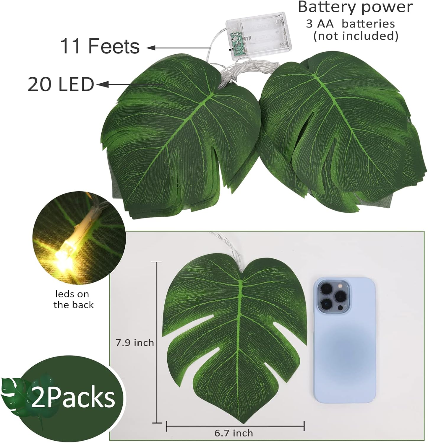 RECUTMS 2 Pack Artificial Tropical Palm Leaves String Lights, Large Size 20 LED Monstera Green Leaf Hanging Vine Greenery,Indoor Hawaiian Luau Jungle Beach Safari Baby Shower Party Spring Summer Decor-VerdiqueGarden