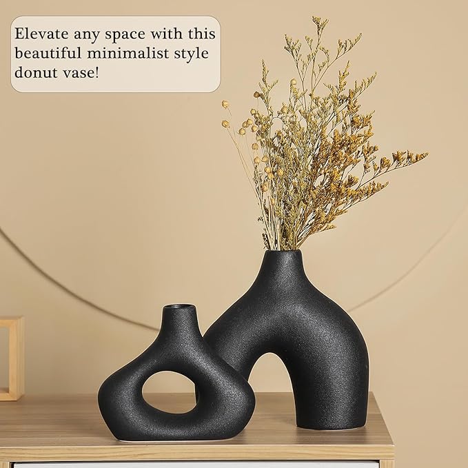 CEMABT Black Ceramic Vase Set of 2 for Modern Minimalist Bohemian Decor，Round Matte Donut Vases for Pampas Grass-Perfect for Living Room, Dining Table, Office Bedroom Shelf Decor Entryway, Console-VerdiqueGarden