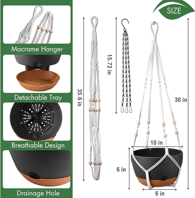 10 Inch Hanging Planters for Indoor Plants,Set of 2 Hanging Pots for Plants with Self-Watering, Outdoor Hanging Plant Pot with Drainage and 2 Kinds of Hanging Baskets Hangers for Home Decor and Garden-VerdiqueGarden