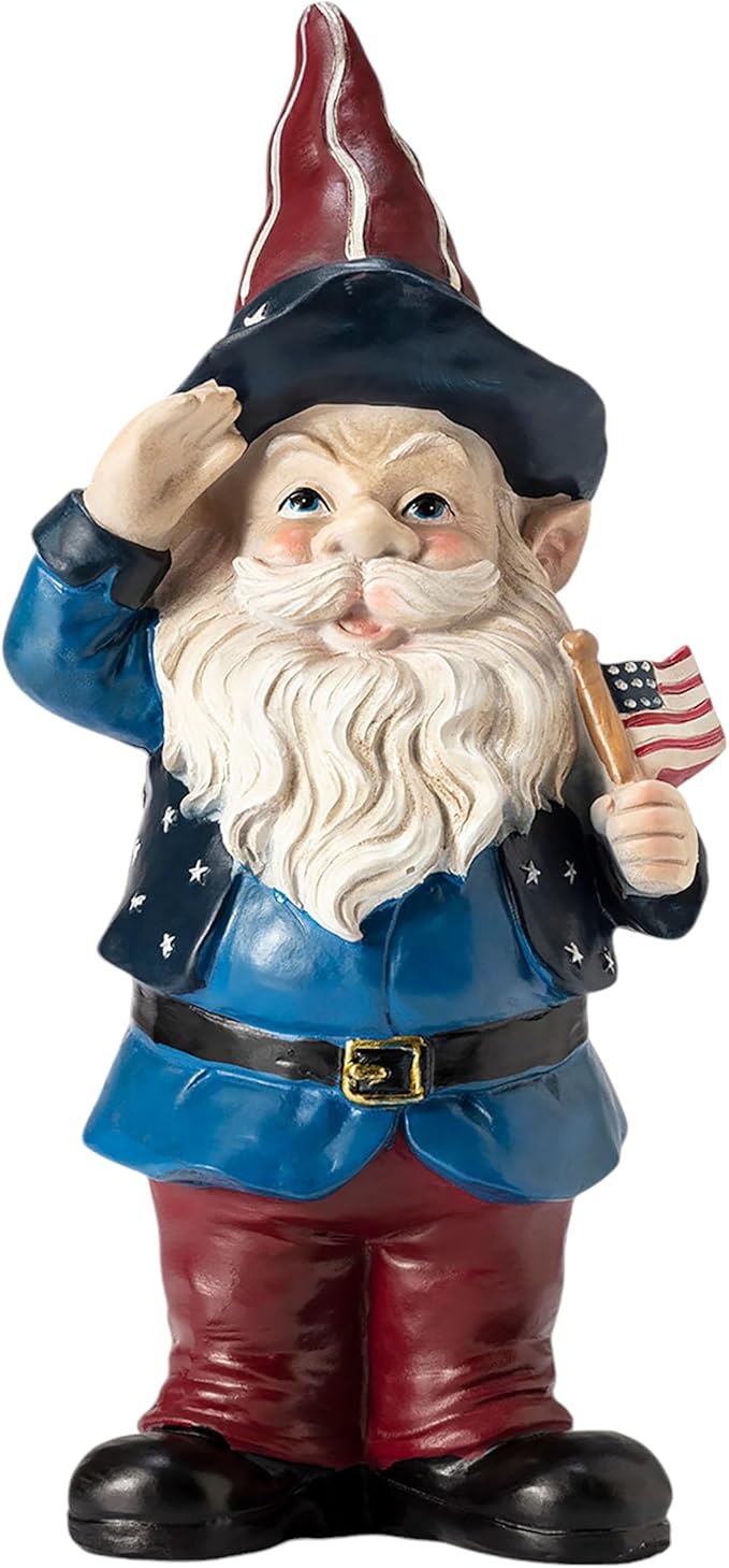 Alpine Corporation 12" Tall Outdoor Patriotic Garden Gnome Saluting Yard Statue Decoration-VerdiqueGarden