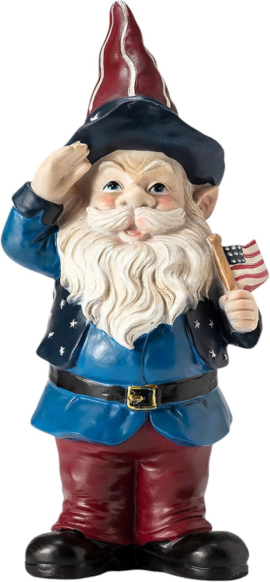 Alpine Corporation 12" Tall Outdoor Patriotic Garden Gnome Saluting Yard Statue Decoration-VerdiqueGarden
