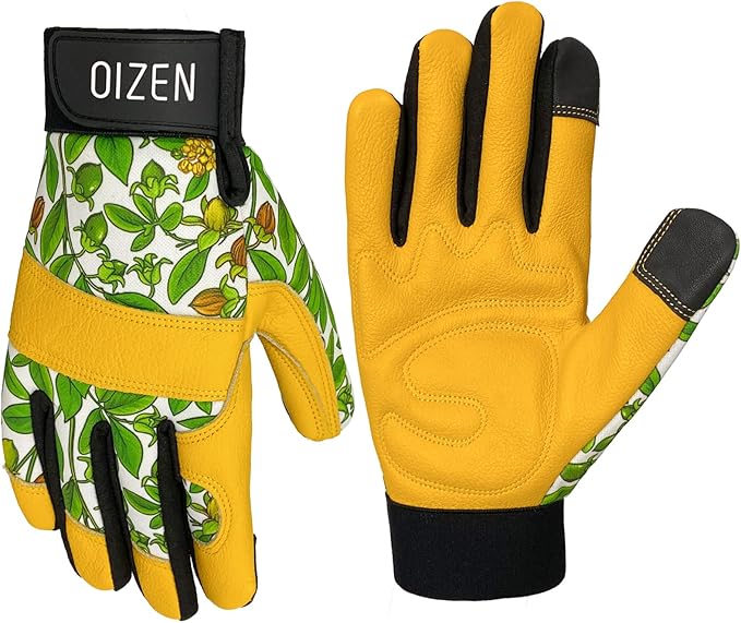 Cowhide Leather Thorn Proof & Puncture Resistant Gardening Gloves for Women, Touchscreen Compatible Working Gloves for Weeding, Digging, Planting, Gardening Gifts for Women (Green bellflowers, Medium)-VerdiqueGarden