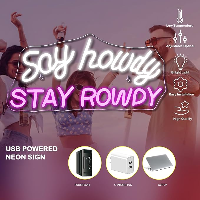 Say Howdy Stay Rowdy Neon Sign Wall Decor, Dimmable Neon Light For Man Cave Pub Beer Bar Bedroom Recreation Room Gift-VerdiqueGarden