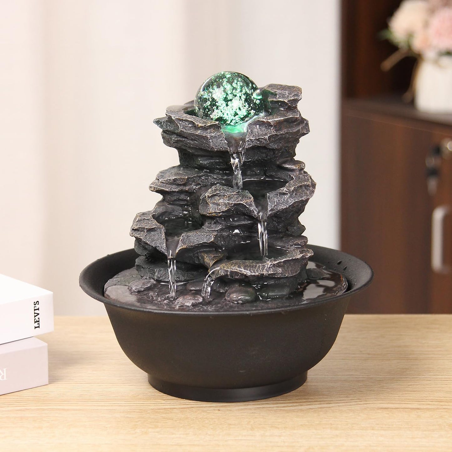 Rock Cascading Tabletop Fountain with Spinning Ball, Zen Meditation Indoor Waterfall Feature with LED Light for Home Office Bedroom-VerdiqueGarden