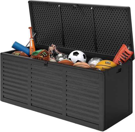 130 Gallon Deck Box Outdoor Waterproof Storage Box Lockable Resin Outdoor Storage Box for Garden Tools Patio Cushions UV-Resistant & Easy Assembled (Black)-VerdiqueGarden