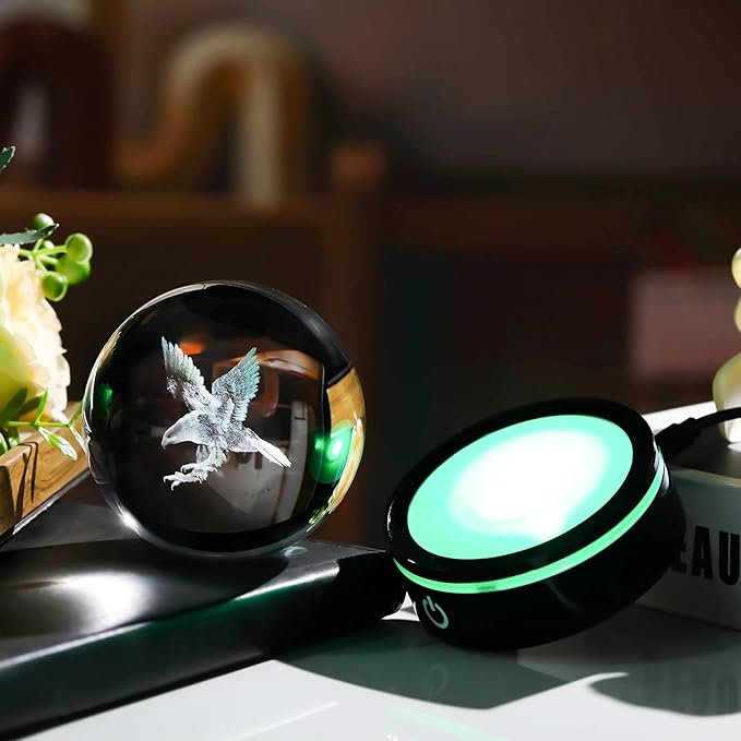 YWHL 3D Eagle Figurine Crystal Ball with Colorful Light Base, Eagle Gifts for Women Men Eagle Lovers on Christmas Birthday, 3D Laser Engraved Eagle Sphere Glass Ball for Home Office Decoration (80mm)-VerdiqueGarden