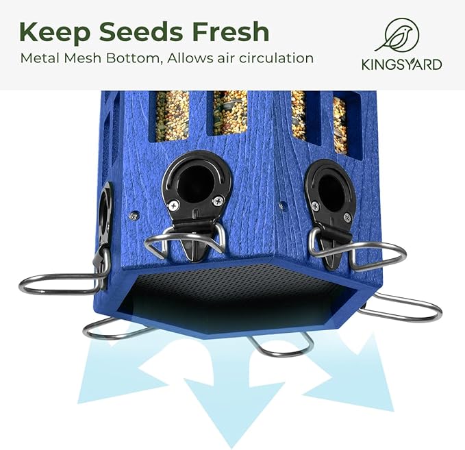 Kingsyard Wild Bird Feeder for Outdoor Hanging, Recycled Plastic Bird Feeders with 6 Ports & U-Shape Perch, Garden Yard Outside Decoration, 3.5 lbs Seed Capacity, Blue-VerdiqueGarden