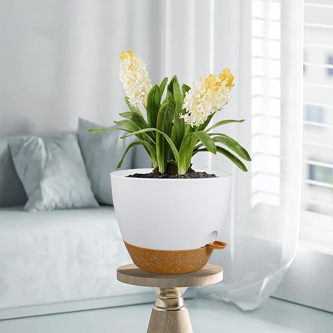 12 inch Large Self Watering Pots for Indoor Outdoor Plants, Plant Pots with Mesh Drainage Holes for Garden House Plants, Plastic Planters with Reservoir for Flower Plants, White with Brown-VerdiqueGarden