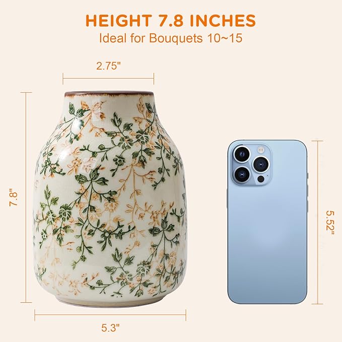 Rustic Vintage Ceramic Vase, 7.8 inch Beige and Green Decorative Vase, Aesthetic Farmhouse Pottery Vase for Home Decor, Living & Dining Room, Bookshelf, Office, TV Stand Table Decor-VerdiqueGarden