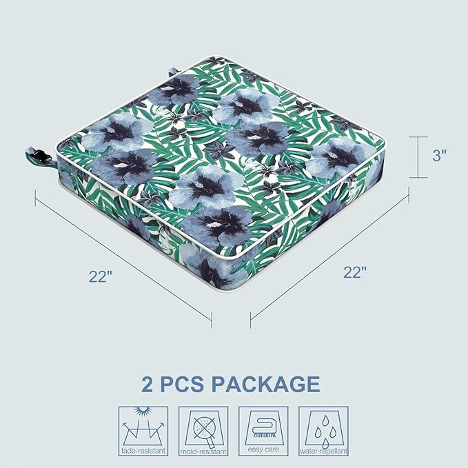 LVTXIII Patio Chair Cushions 22"x22"x3", Water-Repellent Outdoor Seat Cushions for Patio Furniture, Square Chair Pads with Ties for Home Garden Decoration, Set of 2, Blue Salmone Tropical-VerdiqueGarden