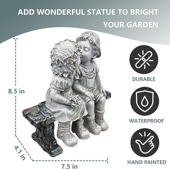 Elenon Garden First Kiss Outdoor Statue Decorative, Flower Bed Decor Boy and Girl Garden Statues, Couple Puppy Love Garden Sculpture for Yard Patio Art Decoration-VerdiqueGarden