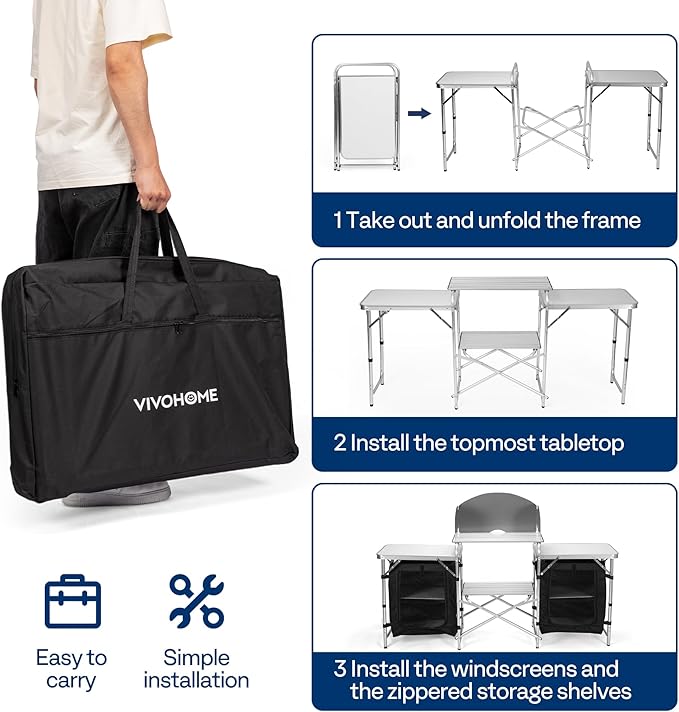 VIVOHOME Folding Camping Kitchen Station Table with Storage Organizer, 2 Side Tables, Stainless Steel Windscreen, Outdoor Portable Cook Station for BBQ, Picnics-VerdiqueGarden