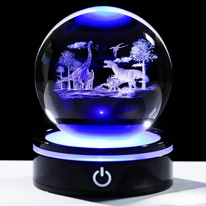 YWHL 3D Dinosaur Figurine Crystal Ball with Colorful Light Base, Dinosaur Gifts for Women Men on Christmas Birthday, 3D Laser Engraved Dinosaur Full Sphere Glass Decorative Ball for Home Office (80mm)-VerdiqueGarden