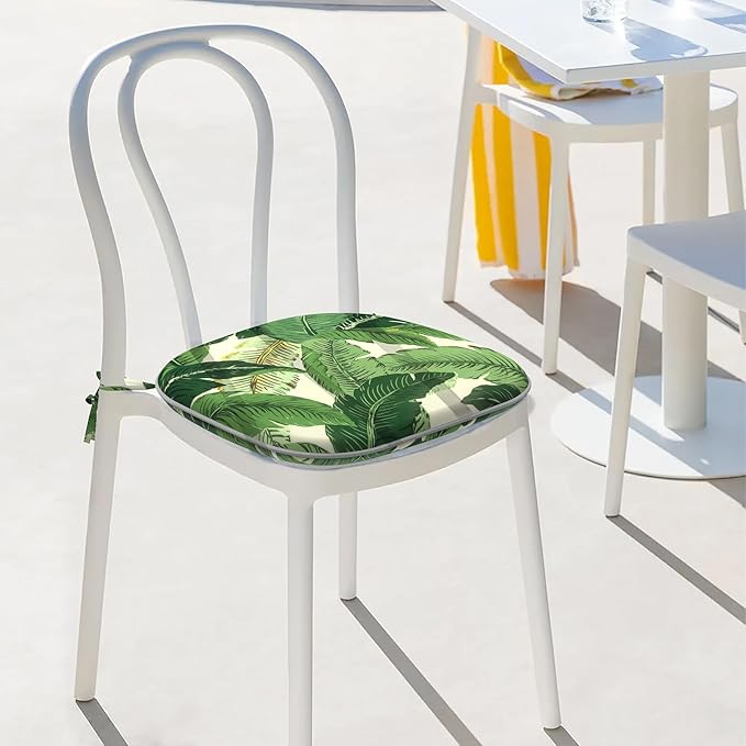 Indoor/Outdoor Chair Cushions 16x17 Inch, Patio Chair Cushions with Ties, All Weather Seat Cushions for Patio Furniture Home Garden Chair Use, Set of 2, Swaying Palms Green-VerdiqueGarden