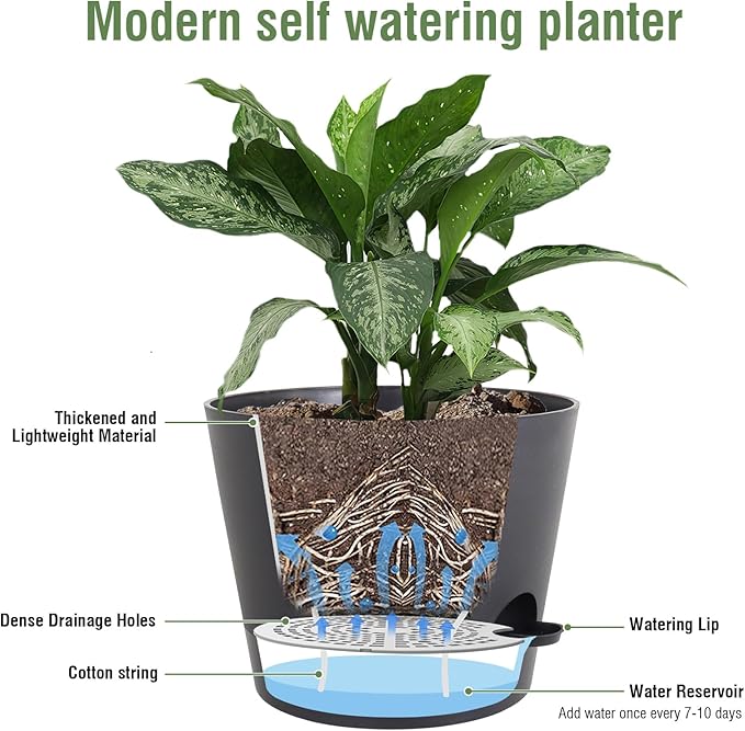 12 inch Large Self Watering Pots for Indoor Outdoor Plants, Flower Plant Pots with Mesh Drainage Holes for Garden House Plants, Plastic Planters with Reservoir for Home Decor, Black-VerdiqueGarden