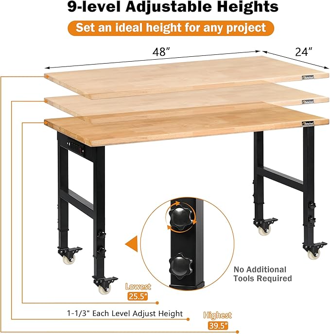 48" Adjustable Workbench for Garage, Rubber Wood Heavy Duty Workstation with Power Outlets & Wheels, 2000 LBS Load Capacity Hardwood Worktable for Workshop, Garage, Office, Home, Commercial-VerdiqueGarden