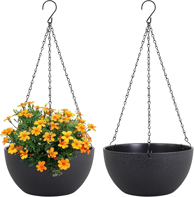 10 inch Hanging Planters for Indoor Outdoor Plants, 2 Pack Hanging Flower Pots with Drainage Holes and Chain for Garden Porch Plants, Round Plastic Hanging Baskets for House Plants, Black-VerdiqueGarden