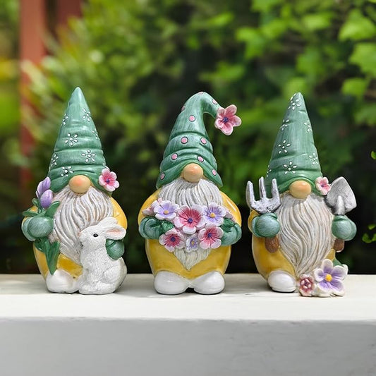 Garden Guardians Set of Three 6" Gardening Gnome Figurines, Floral Green and Yellow Statue Decor-VerdiqueGarden