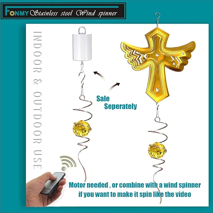 FONMY Gazing Ball Spiral Tail -Decorative Wind Spinner Sun Catcher Rainbow Maker 11 inch Tail and 2 inch Golden Crystal Orb. Indoor Outdoor Garden Decoration -13 inch Height-VerdiqueGarden