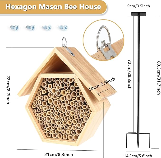 Mason Bee House for Garden, Natural Wooden Bee Habitat with Metal Ground Stake, Attracts Pollinators, Improve Garden Productivity, Outdoor Decoration-VerdiqueGarden